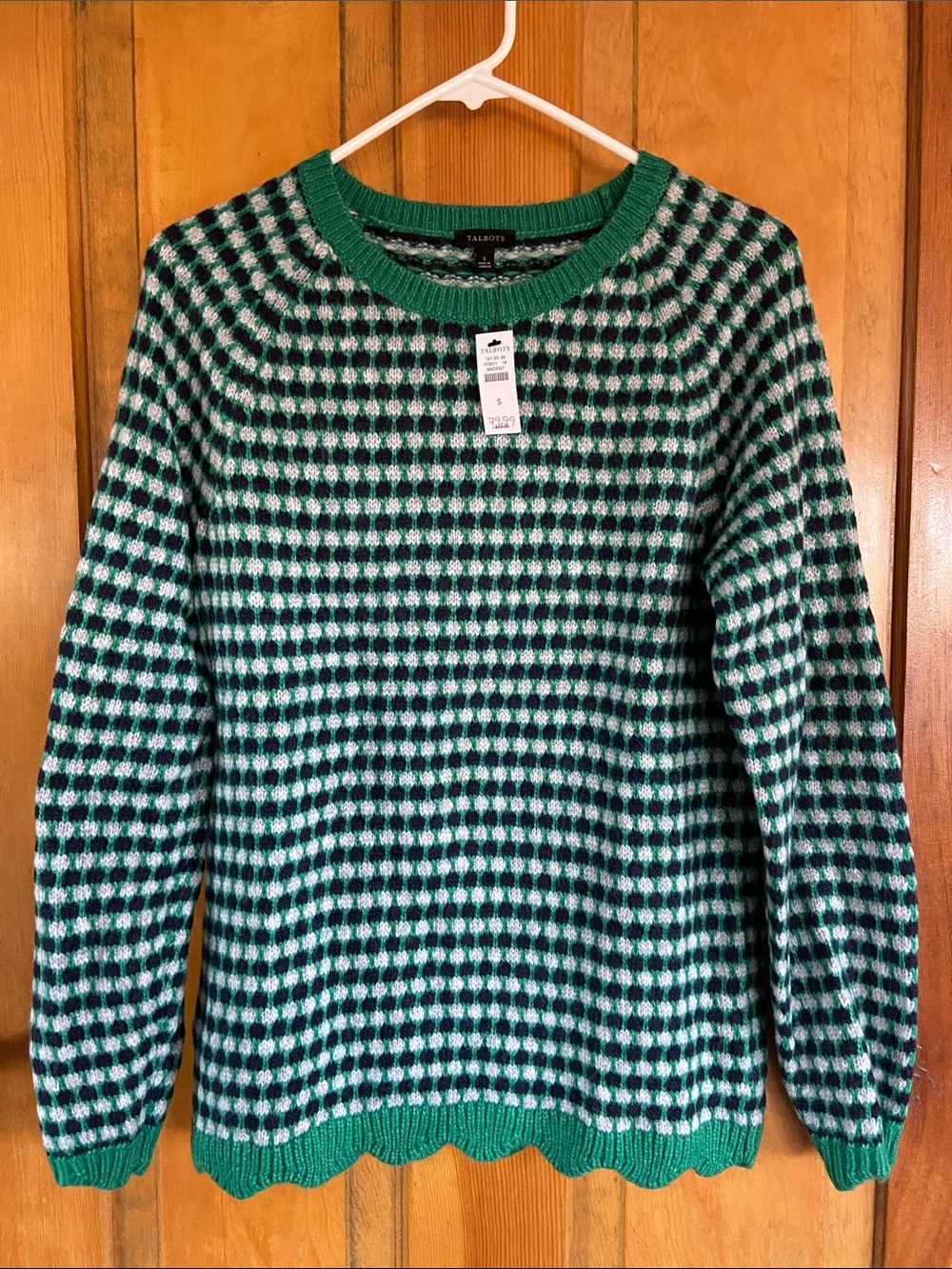 Talbots Green and Blue Checkpoint Crewneck Sweater